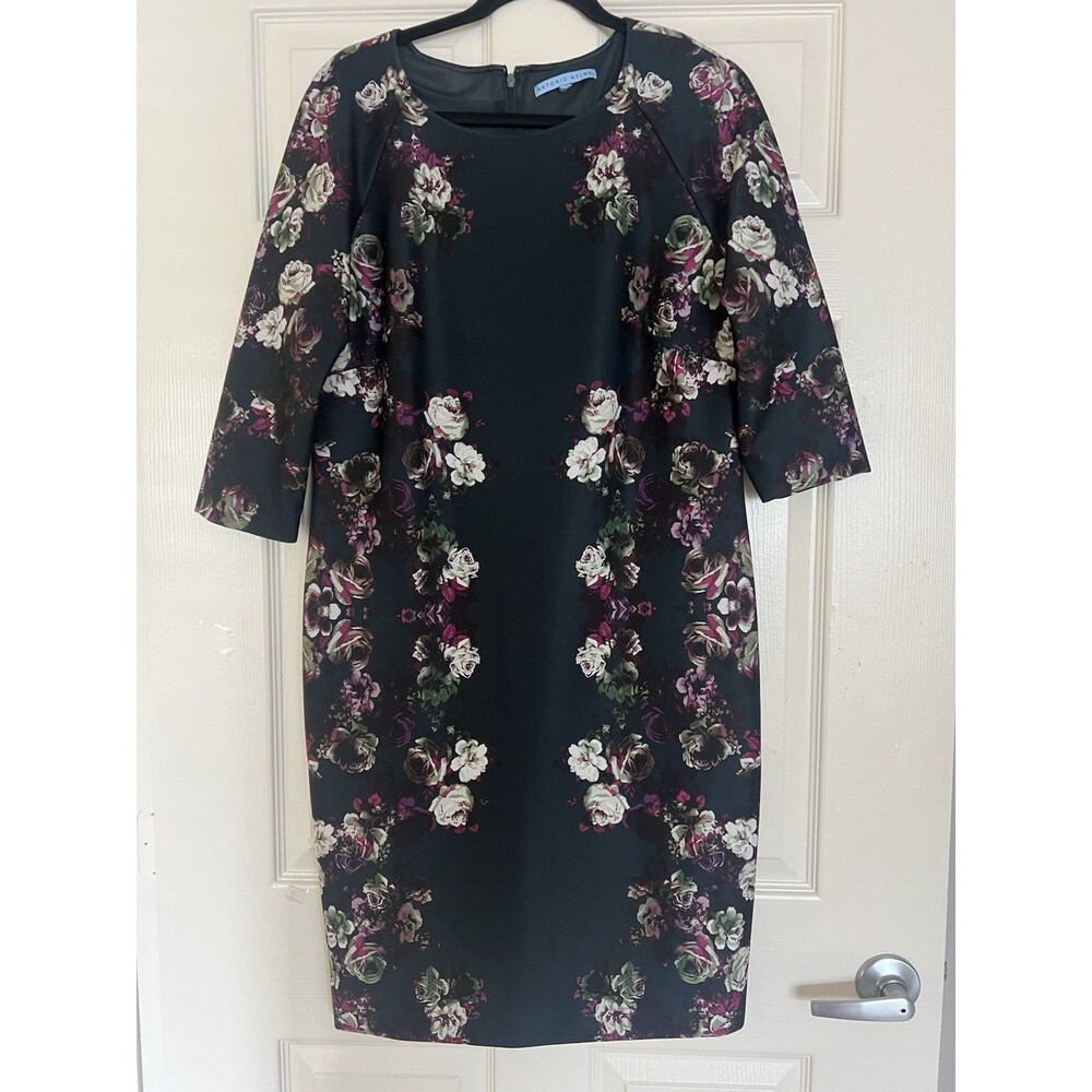 Antonio Melani Floral Sheath Dress Sz 12 Black Purple Rose Shift Romantic Office